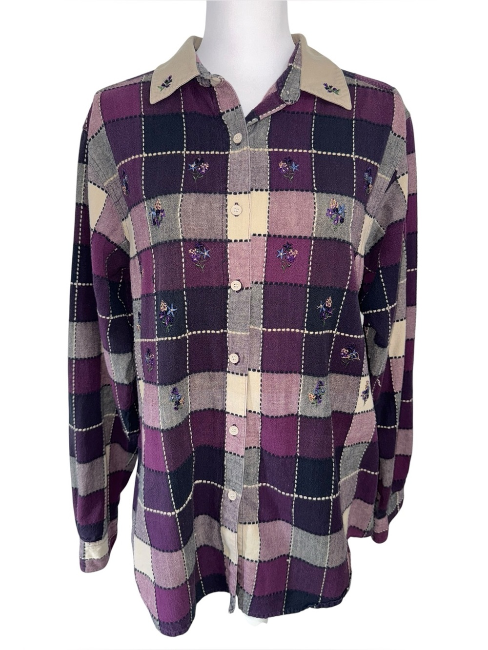 Vintage Bobbie Brooks Embroidered Plaid Button Front Blouse Purple Floral Women
